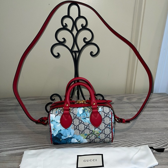 GUCCI GG Supreme Monogram Blooms Mini Boston Navy Blue Hibiscus - Picture 3 of 16